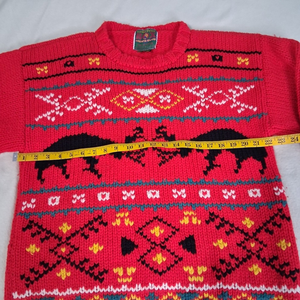 VTG Men's Club Chunky Hand Knit Red Aztec Fair Isle Wool Blend Sweater Medium - Picture 4 of 9